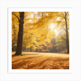 Falling Oak Leaves On The Scenic Autumn Forest Illuminated By Morning Sun Art Print