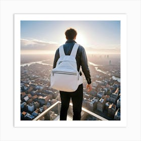 Man With White Backpack Looking At Cityscape From Rooftop Art Print