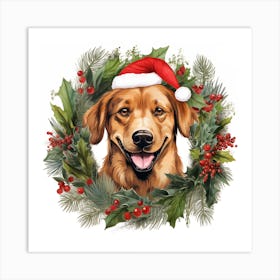 Golden Retriever Christmas Wreath Art Print