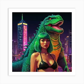 Retro Pop Godzilla with Green Hair Girl Art Print