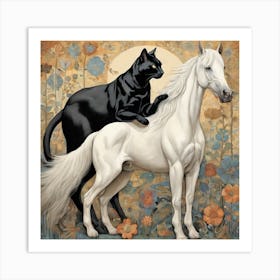 Black Cat And White Horse Art Print