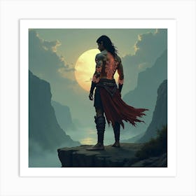 A Warrior Standing On A Cliff With Glowing Tattoos 1 Art Print