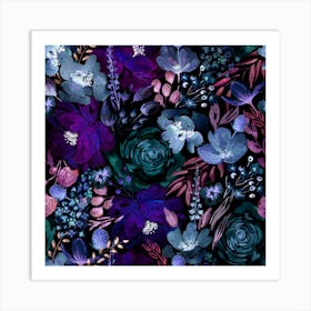 Floral Chaos Dark Blue Art Print