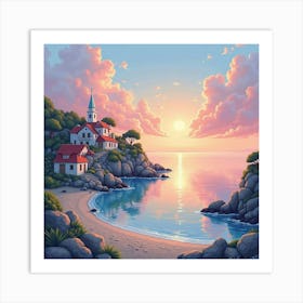 Pastel Sunset Painting Of A Peaceful Seaside Village 1 Art Print