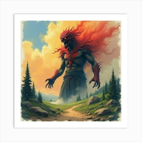 Horrific Figure In A Watercolor Landscape, Vibrant And Menacing 1 Art Print