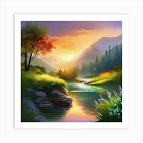 Sunset By A River Art Print