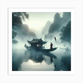 Chinese Boat In Mist Art Print