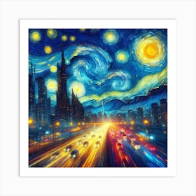 Neon Sonata of the Cityscape, Inspired by Vincent van Gogh's swirling Starry Night and emotive brushstrokes Art Print