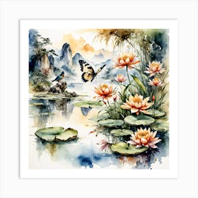 Watercolour Butterflies over Lilly Pond I Art Print