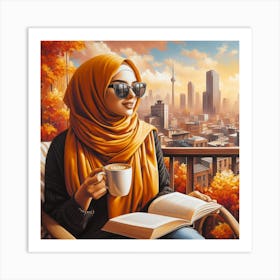 Autumn Vibes: A Realistic Painting of a Woman with Hijab and Coffee Art Print