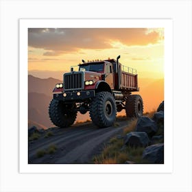 Massive Off Road Heavy Truck Climbing Rugged Mountain Terrain At Sunset 1 Art Print