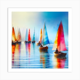 Sailboats At Sunset Artwork Painting Square 1 Art Print