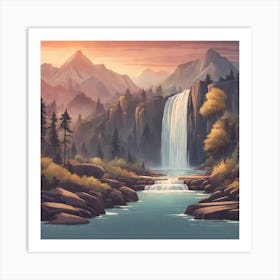 Waterfall In The Mountains Art Print