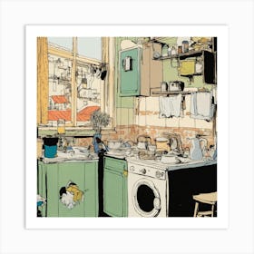 Pen and ink, cramped and messy apartment kitchen. sadness, stunning color scheme, masterpiece Art Print