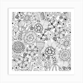 COLOURING BOOK FLOWERS Exotic Doodle Floral Botanical Line Drawing in Black and White Art Print