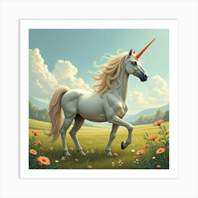 A Graceful Unicorn With A Flowing Mane, Standing In A Field Of Magical Herbs 1 Art Print