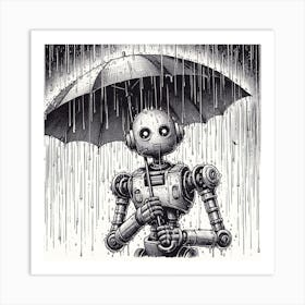 Robot Holding An Umbrella In The Rain, Ink Drawing Art Print