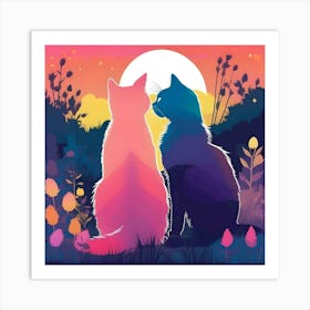 Silhouettes of Cats in the Garden, Orange, Purple, Blue and Pink Art Print