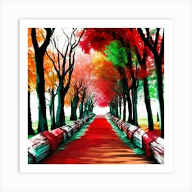 WALKING DOWN A DIRT TRACK TREES BIG CANOPY RED A HUE THROUGH THE MIDDLE OF THE PATH Art Print