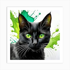 Black Cat With Green Paint Splashes Art Print