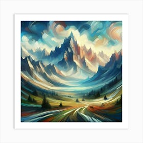 An Illustration Of A Mountain In The Style Of Impressionism With A Wide Aspect Ratio Art Print