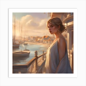 Seaside Town with Lady, Digital Art Art Print