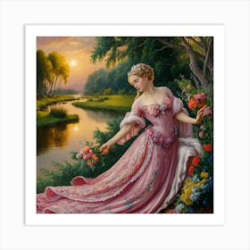 Sunset Harmony Graceful Woman In Pink Dress, Oil Painting (1) Art Print