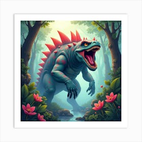 Titan Monster In A Watercolor Jungle With Lush Colors 1 Art Print