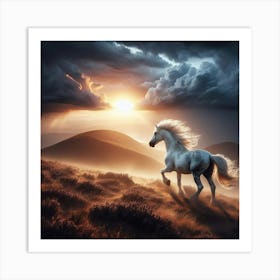 White Horse Running At Sunset Art Print