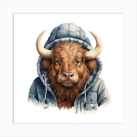 Watercolour Cartoon Bison In A Hoodie 3 Art Print