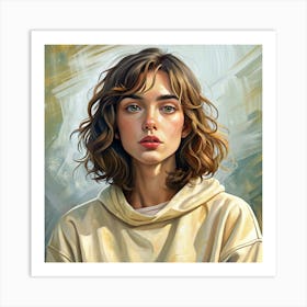 Portrait Of A Woman With Wavy Brown Hair And Green Eyes Art Print