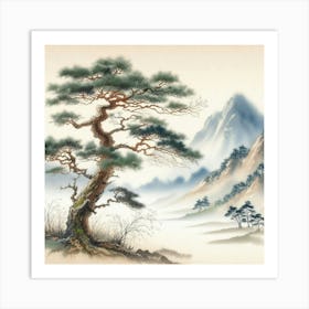 A landscape with tree and mountains in watercolor painting art Art Print