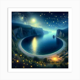 Night At The Crescent Bay With Campfire Art Print