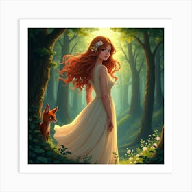 Fox And Girl In The Forest Art Print