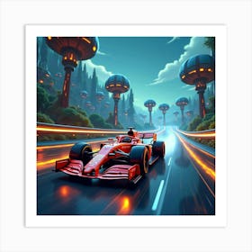 Formula Car Zooming On A Futuristic Track With Glowing Plants And Alien Structures 1 Art Print