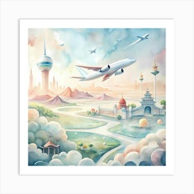 Watercolor Airplane Flying Over A City Art Print