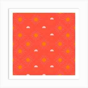 Geometric Pattern With Light Pink And Orange Sunshine On Vibrant Red Square Art Print