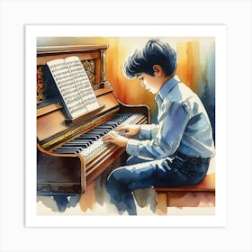 A boy playing a piano Art Print