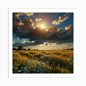 A Beautiful Tan And Blue Heavenly Clouded Sky With The Sun Peeking Behind Glowing Onto A Field Of Wildflowers (1) Art Print