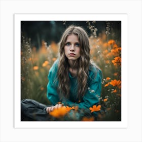 Girl In A Field Of Flowers Art Print