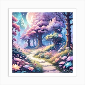 A Fantasy Forest With Twinkling Stars In Pastel Tone Square Composition 427 Art Print