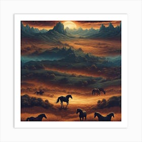 Horses At Sunset 1 Art Print