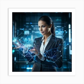 Cybernetic Advocate A Businesswoman Encapsulated In A Futuristic Suit Her Hand Garnished With Hol (1) 2 Art Print