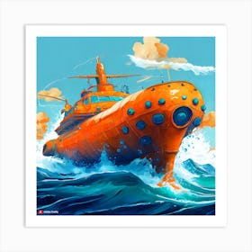 Orange Submarine In Ocean Spash Art Print