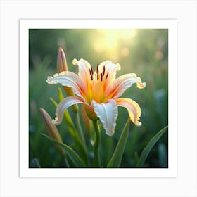 A Radiant Lily With Petals Like Flowing, Crystalline Ribbons In A Dreamlike Meadow Art Print