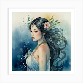 Asian Woman The Magic of Watercolor: A Deep Dive into Undine, the Stunningly Beautiful Asian Goddess Art Print