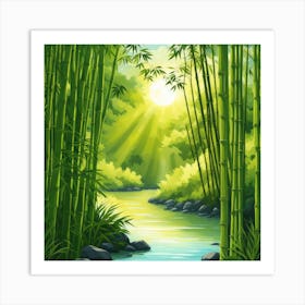 A Stream In A Bamboo Forest At Sun Rise Square Composition 84 Art Print