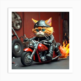 Ginger Cat Riding Motorbike 2 Art Print