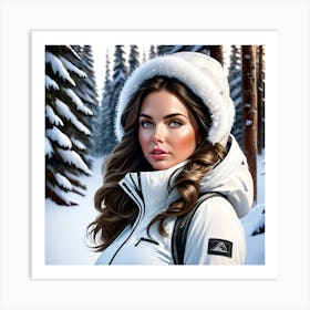 Beautiful woman in white ski suit, hiking in the snowy woods Art Print