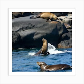 Sea Lions On Rocks 1 Art Print